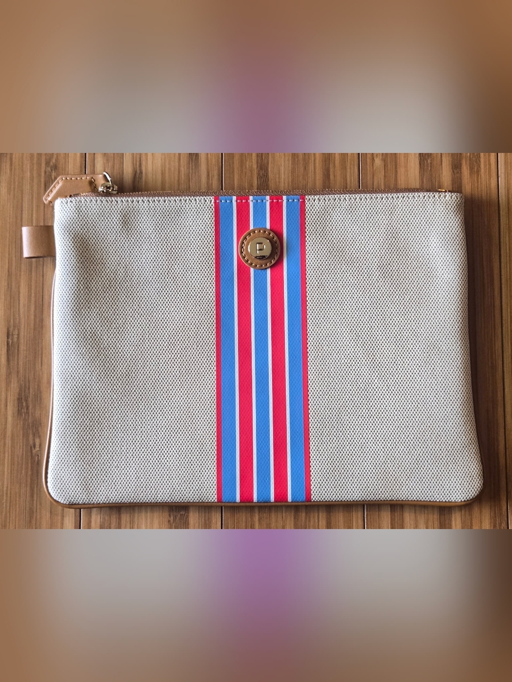 Paravel navy and tan leather logo pouch